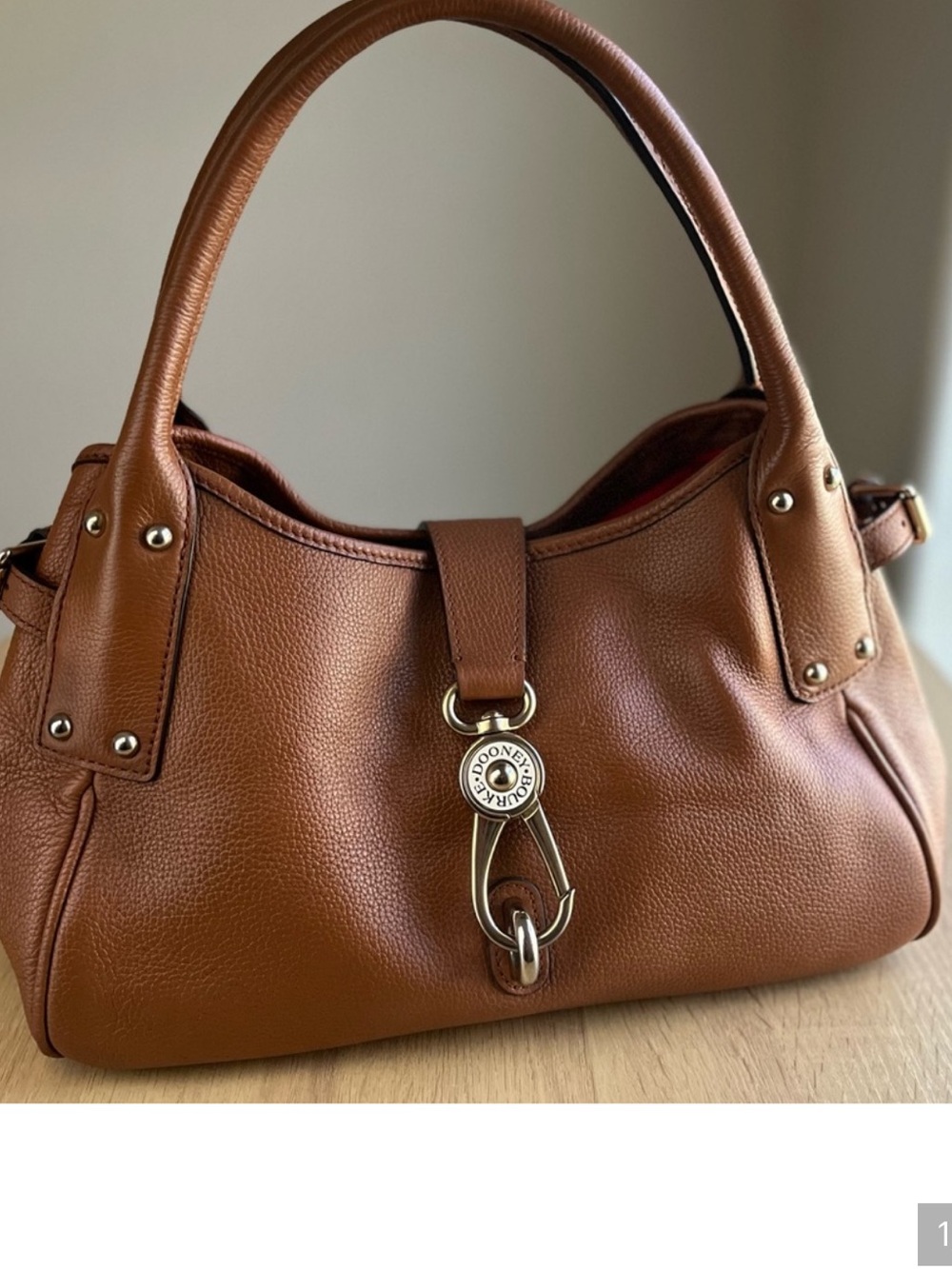 Dooney & Bourke Large Vintage Belvedere Logo Lock Satchel Carmel